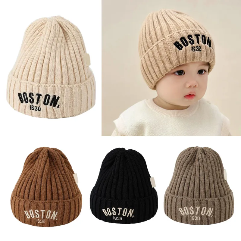 New Korean Style Solid Colour Letter Baby Hat Winter Warm Knitted Baby Beanie Cap Vintage Embroidered BOSTON Kids Crochet Bonnet