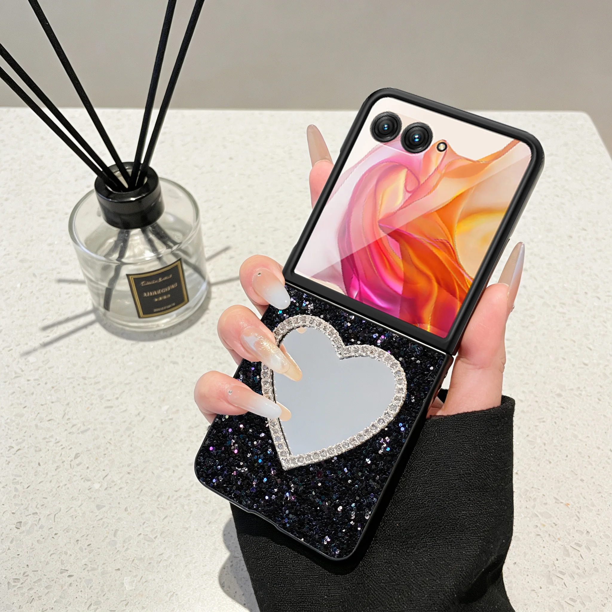 Glitter Leather Luxury Sparkling Rhinestones Phone Case with Shiny Diamond Heart Mirror