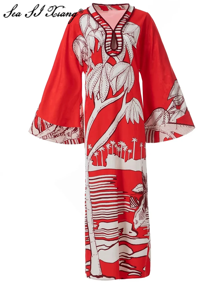 

Seasixiang Fashion Designer Spring Summer Women Acetate Dress V-Neck Flare Sleeve Print Bohemian Vacation Jacquard Long Dresses