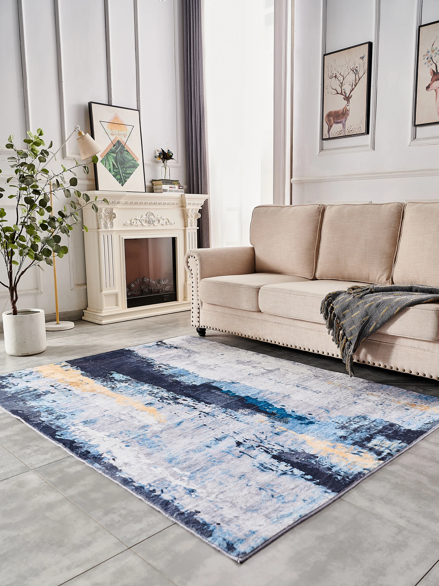 

Collection Abstract Design Gray Blue Yellow Machine Washable Super Soft Area Rug