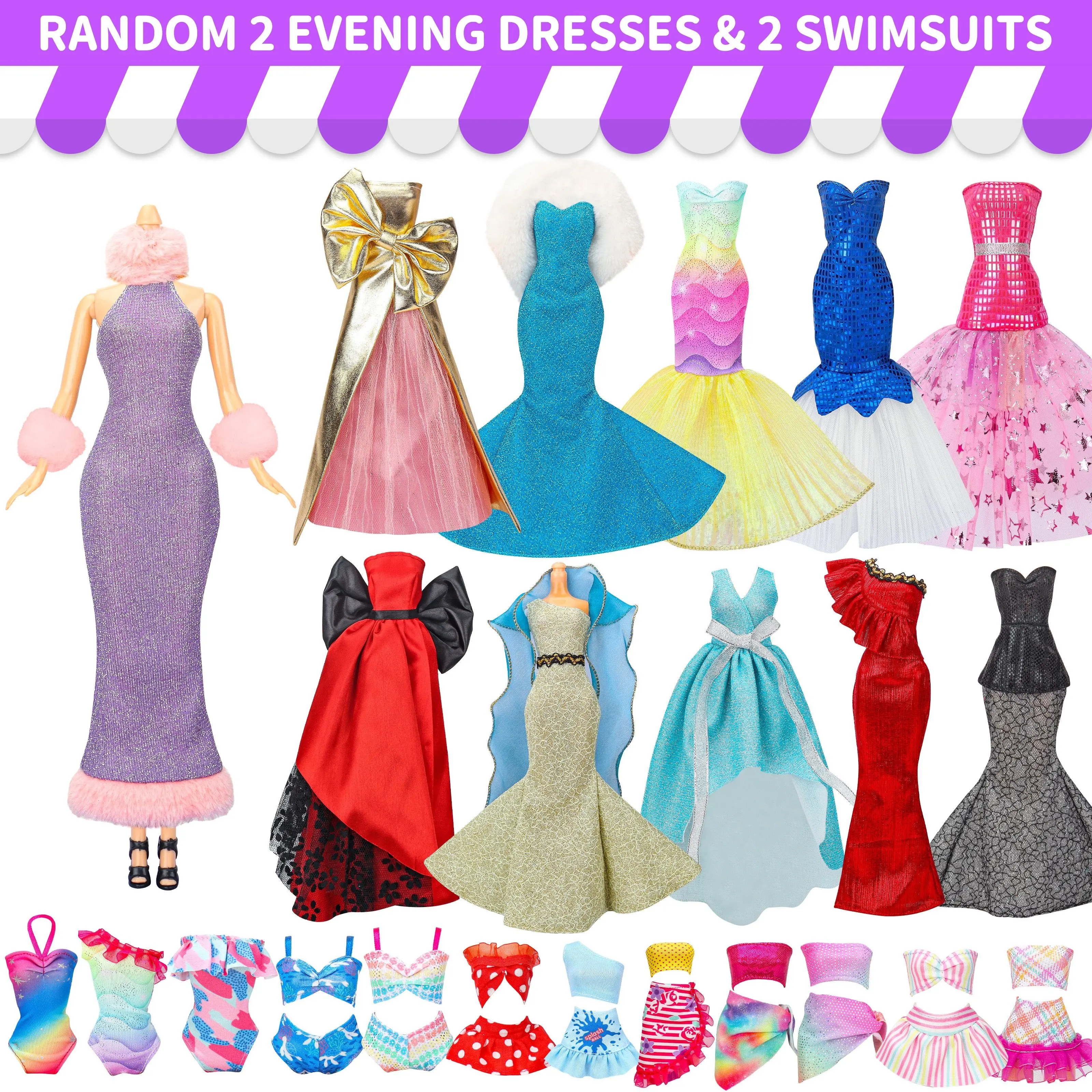 70pcs Doll Clothes and Accessories Includes Random 4 Wedding Gowns 2 Evening Dresses 16 outfit, 48 Accessories-Girl's Gift