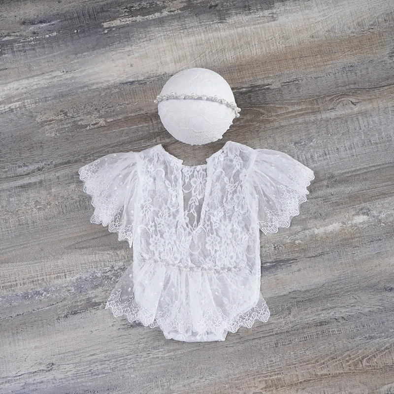 Tenue Photographie Nouveau-Né Fille – Barboteuse Dentelle + Bandeau 3-12 Mois, Props Bébé Adorable