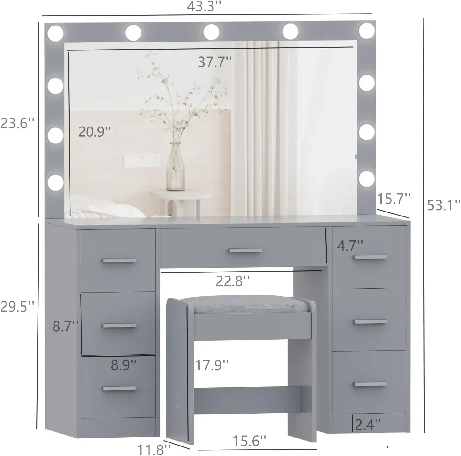 2024 NEW Vanity Desk with Stool, Makeup Table with Lighted Mirror, 3 Color Lighting Modes, Brightness Adjustable, Dressing Table 2