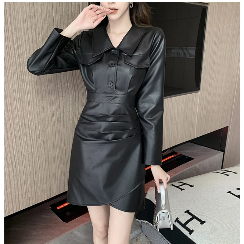 

2023 Autumn New Fashion Long Sleeve Single Breasted Folds Women Pu Leather Dress Black Elegently Knee-length Shirt Lapel Dresses
