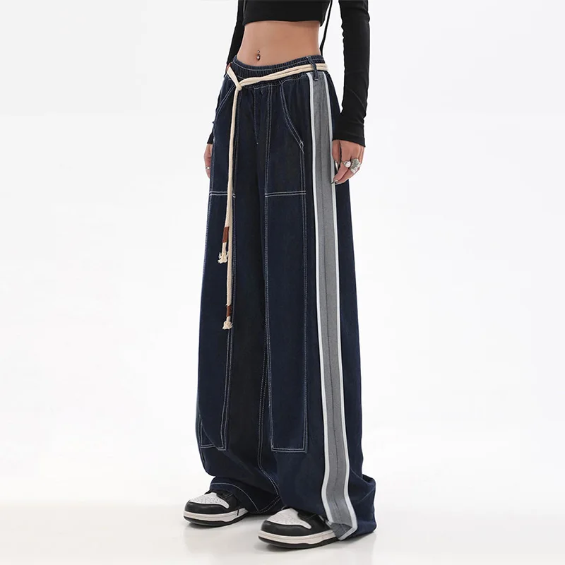 High Street Hip Hop Straight Jeans Women Vintage Spliced Elastic Waist Streetwear Pants Oversize Loose Casual Wide Leg Trousers streetwear hip hop cargo jeans women y2k vintage grunge blue denim pants oversize retro punk high street wide leg trousers