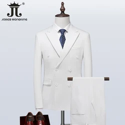 ( Jacket + Vest + Pants ) White Black Slim Fit Men's Suit Double Breasted Prom Social Business Party Tuxedo Groom Wedding Dress