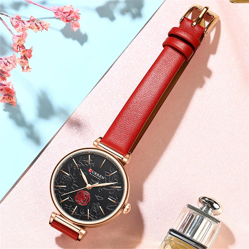 CURREN Women Watch Top Brand Luxury Female Waterproof Clock Red Genuine Leather Bracelet Fashion Flower Ladies Wristwatch 9078 2