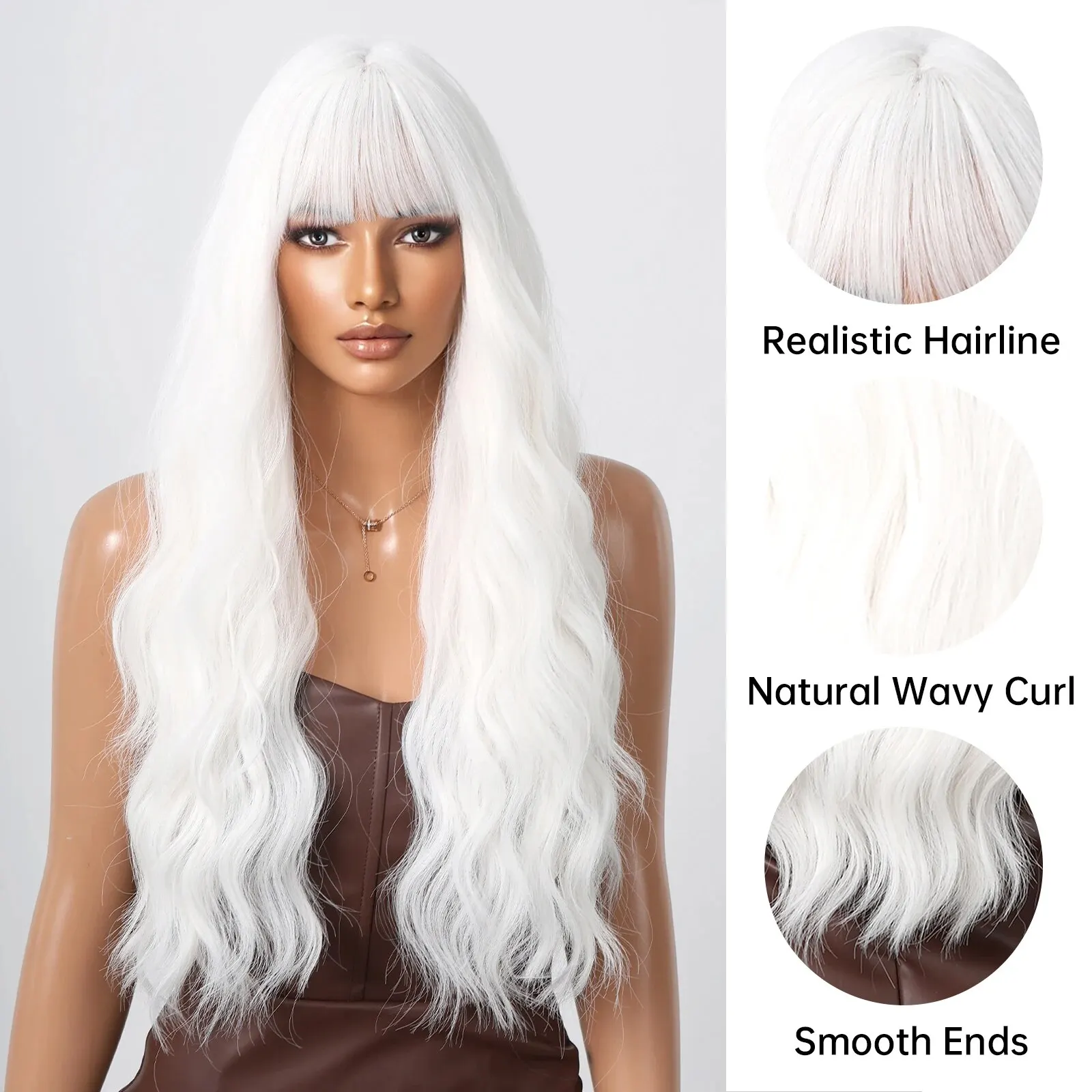Blonde Synthetic Hair Wigs Long Curly White with Bangs for Black Women Water Wave Heat Resistant Fibre Natural Hair Wig