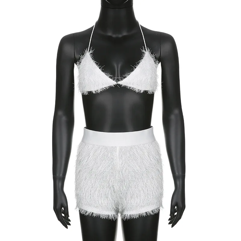 Fur Bikini Tops Shorts Two Piece Sets Women Sexy Luxury Nightclub Party Outfit Fashion Clothes Crop Top 2 Pieces Matching Set