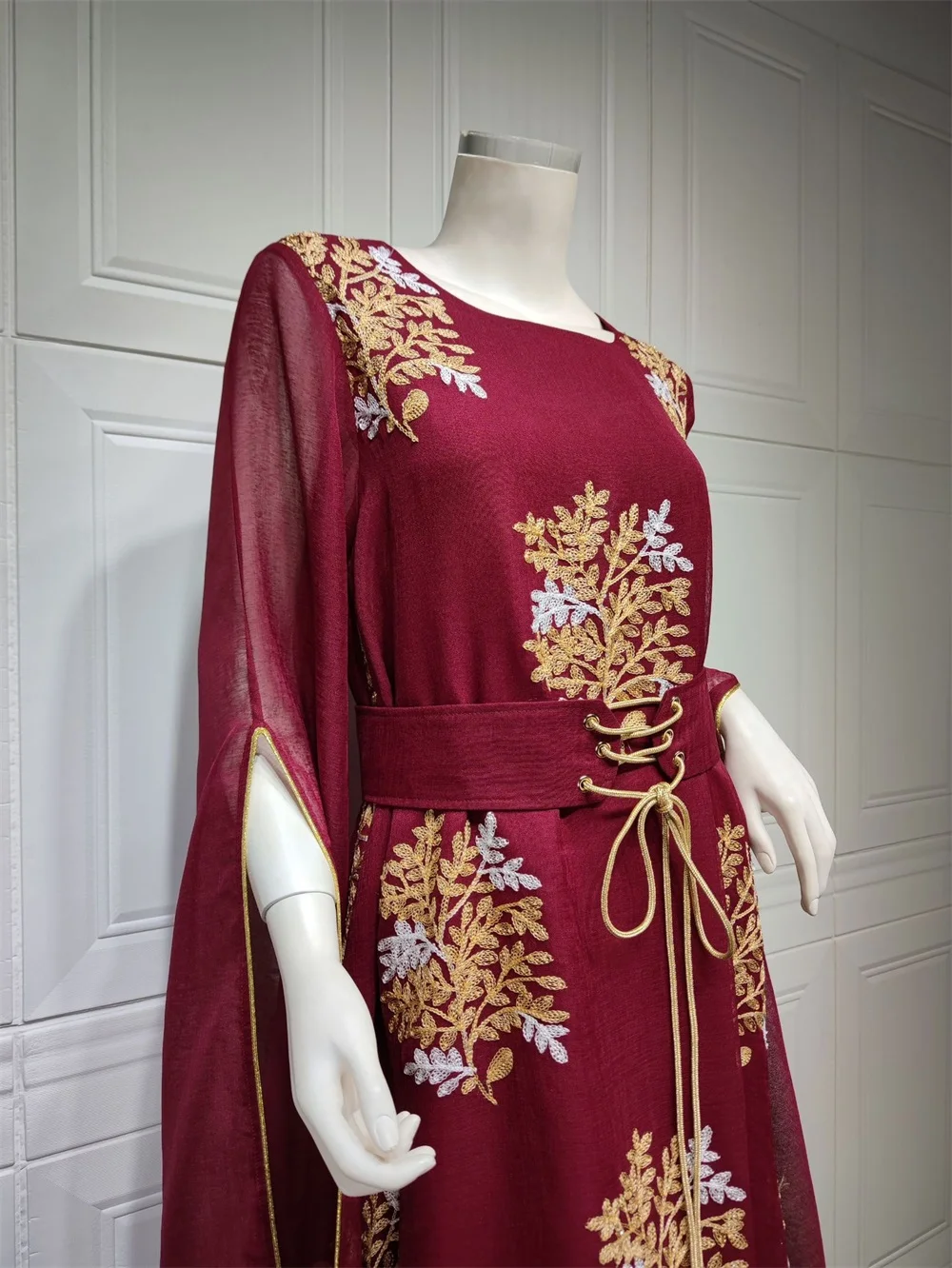 Women Embroidery Belted Evening Moroccan Kaftan Mesh Covering Long Sleeve Dubai Abaya Turkish Dress Party Robe Musulman