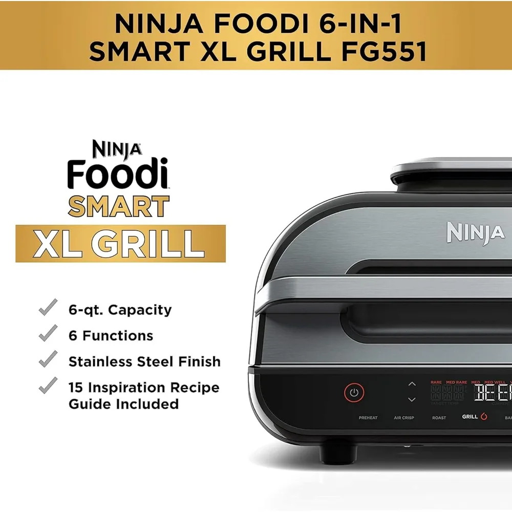XL 6-in-1 Indoor Grill with Air Fry, Roast, Bake, Broil & Dehydrate, Smart Thermometer. 2