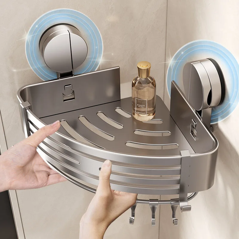 ชั้นวางของในห้องน้ํา Sucker พร้อมตะขอชั้นวางเข้ามุมสําหรับอาบน้ําโดยไม่ต้องเจาะอุปกรณ์เสริม Organizer อุปกรณ์ฮาร์ดแวร์ FIXTURE 1