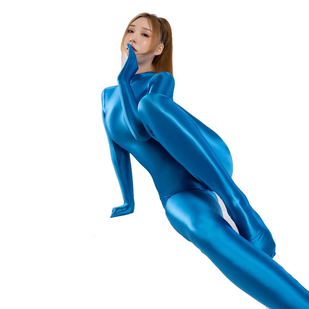 Shiny Glossy Satin Sexy Women's Long Sleeve Finger Gloves Zipper Back Full Length One-piece Bodysuit Silky Tights Zentai Catsuit cosplay costume adult unitard latex lingerie sexy fetish wear