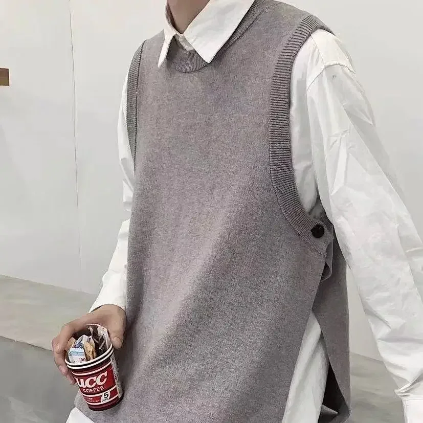 Knit Sweater Male Solid Color Plain Slit Men's Clothing Black Vest Waistcoat Sleeveless Korean Autumn Clothes Winter A Neck
