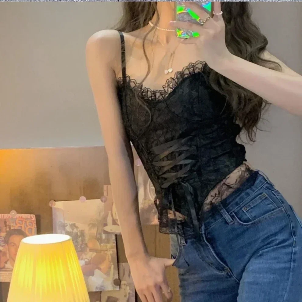 여성용 섹시한 크롭탑, 레이스 붕대 티셔츠, 캐미솔, 슬링 탱크탑, 민소매 조끼, 패션 선물, Y2k 의류, 신제품