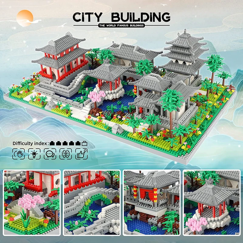 Lezi Architecture Ancient Pavilion Temple Tower Lake Garden Gate LED Light Model Mini Diamond Blocks Bricks Building Toy building blocks