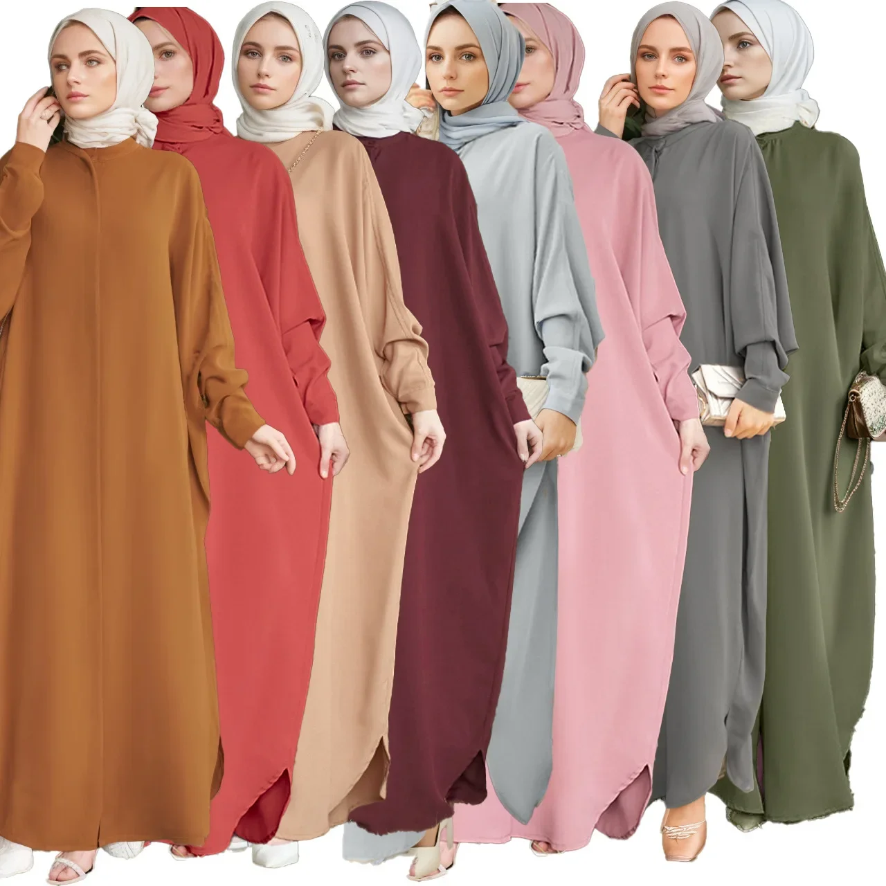 Elegant Eid Clothes Women Muslim Glossy Batwing Sleeve Abaya Ramadan Prayer Dress with Belt
