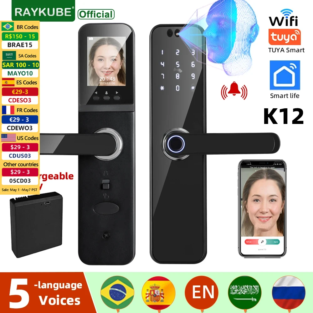 

RAYKUBE K12 Tuya WiFi Camera Electronic Lock 3D Face Recognition Fingerprint Smart Door Lock With Screen Rechargeable Battery