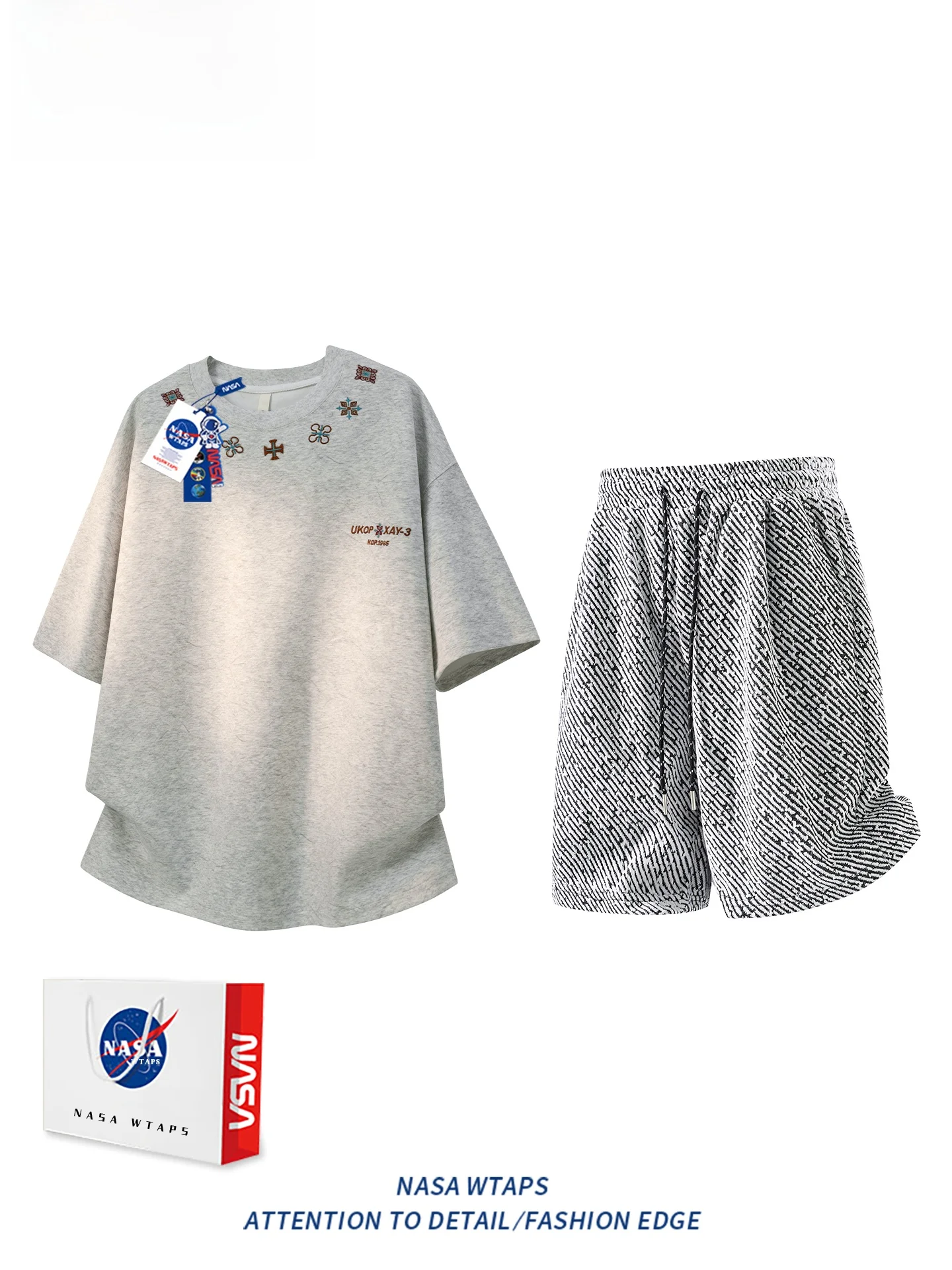 WTAPS 남성 자수 레터링 반팔 티셔츠 세트 여름 캐주얼 스포츠웨어 반바지..