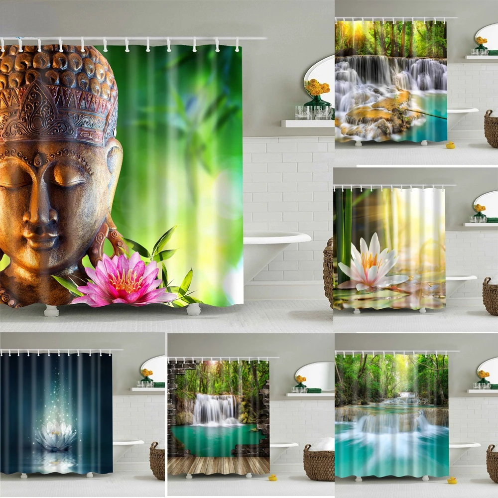Rural Landscape Creek Stone Lotus Buddha Shower Curtain Bathroom Curtain Frabic Waterproof Polyester Bath Bathtub Screen