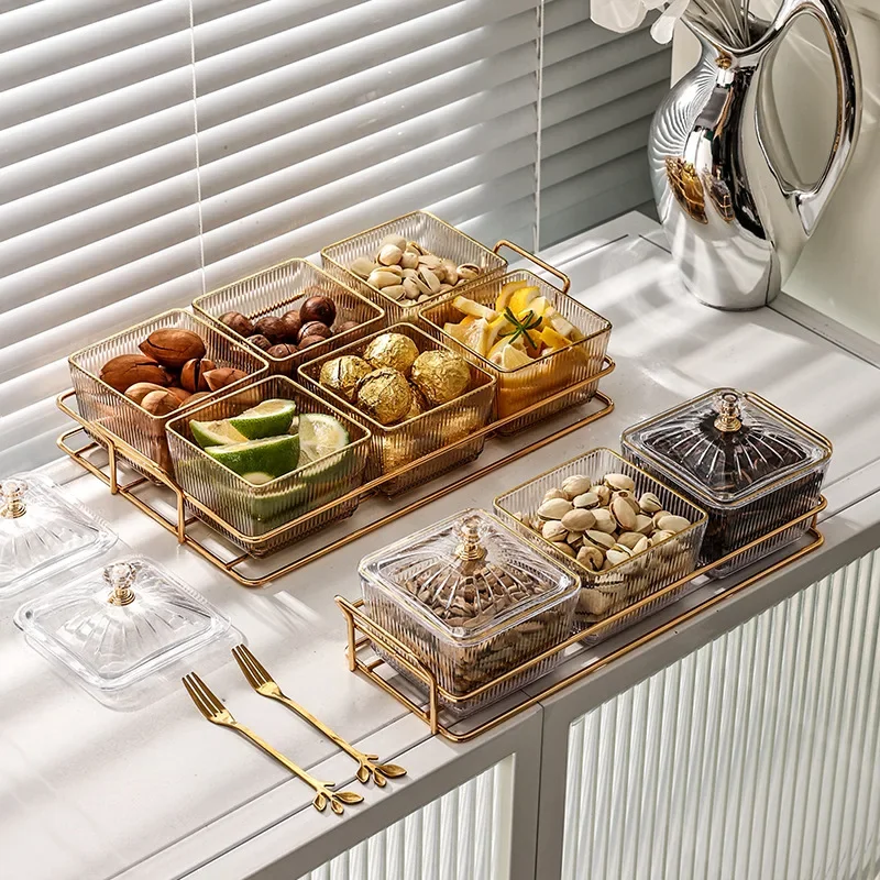 Transparent Square Dessert Jar Dish Grid Dried Fruit Salad Plate Snack Dishes Food Storage Preserved Tray Box Lid Bowl Tableware