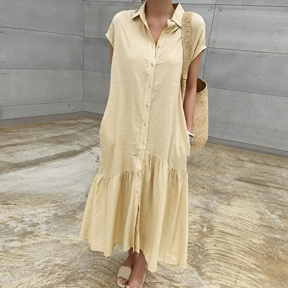 

Lapel Short Sleeve Shirt Dress Single-breasted Loose Fit Asymmetrical Ruffle Hem Solid Maxi Dress Streetwear