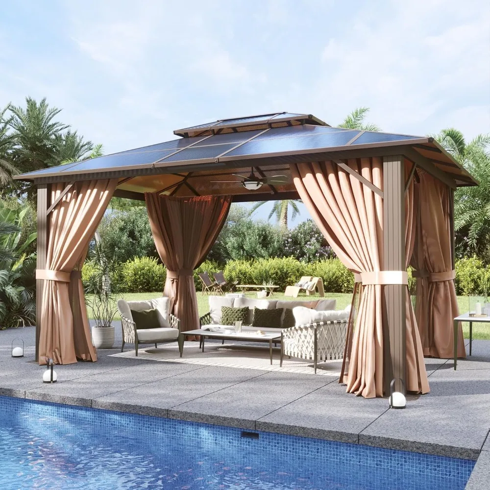 Aluminum Frame Permanent Pavilion with Curtains and Netting, Outdoor Polycarbonate Gazebo, Double Roof Canopy, Garden Sofas 2