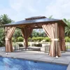 Aluminum Frame Permanent Pavilion with Curtains and Netting, Outdoor Polycarbonate Gazebo, Double Roof Canopy, Garden Sofas 2