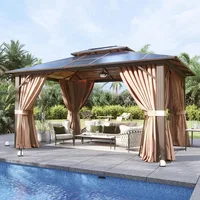 Aluminum Frame Permanent Pavilion with Curtains and Netting, Outdoor Polycarbonate Gazebo, Double Roof Canopy, Garden Sofas 2