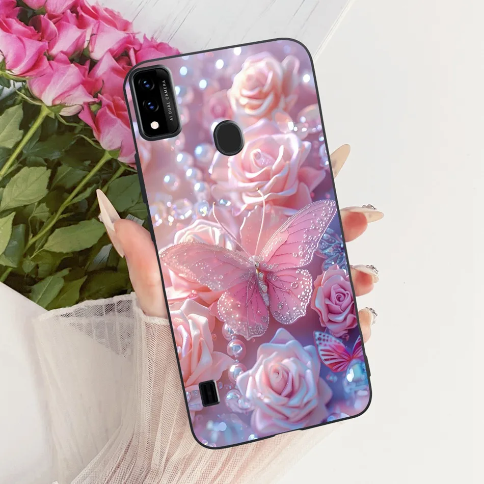 Charming Floral Butterfly Cat Black Silicone Phone Case