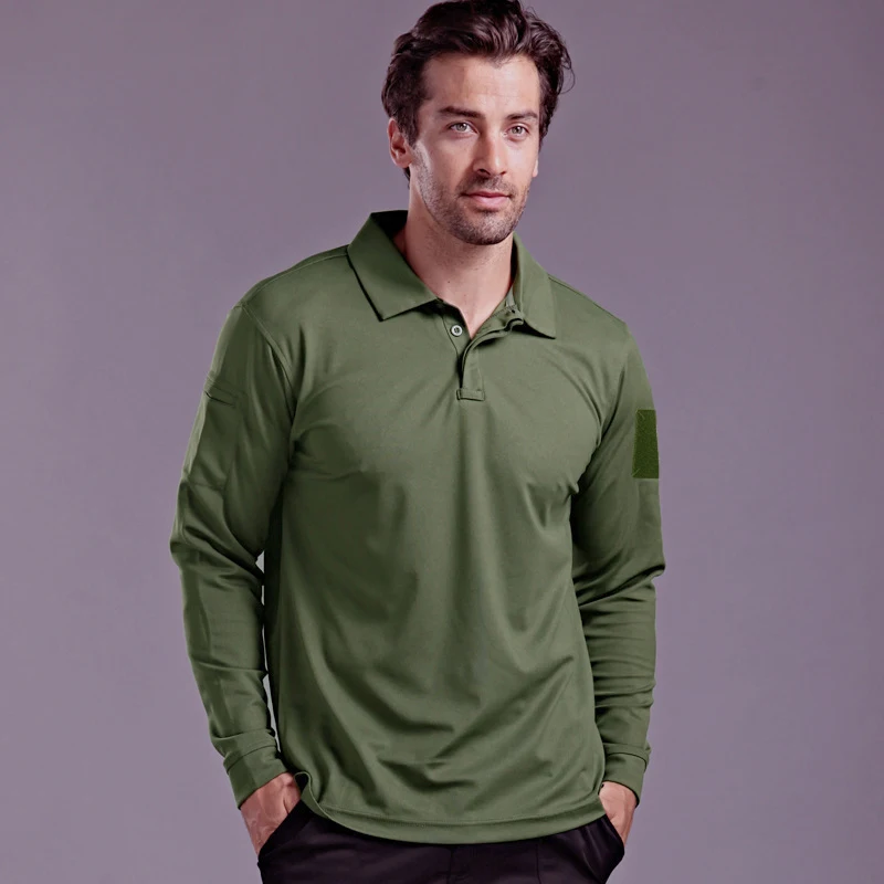 Men's Tactical Long Sleeve Polo Shirt Quick Dry Elastic Breathable T-Shirt for Hiking Camping Spring Pullover Outdoor Clothes