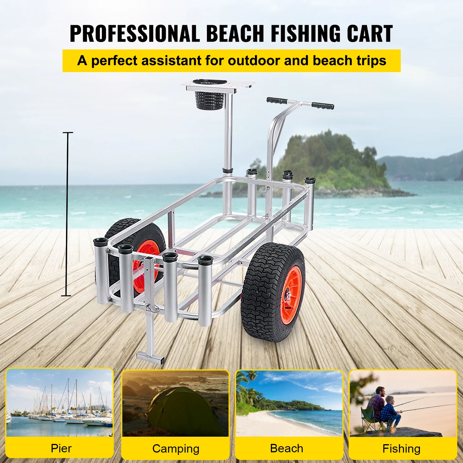 VEVOR Aluminum Beach Fishing Cart 500 lbs Capacity Fish and Marine Carts w/  Rod Holders & 10 Big Wheels Balloon Tires for Sand
