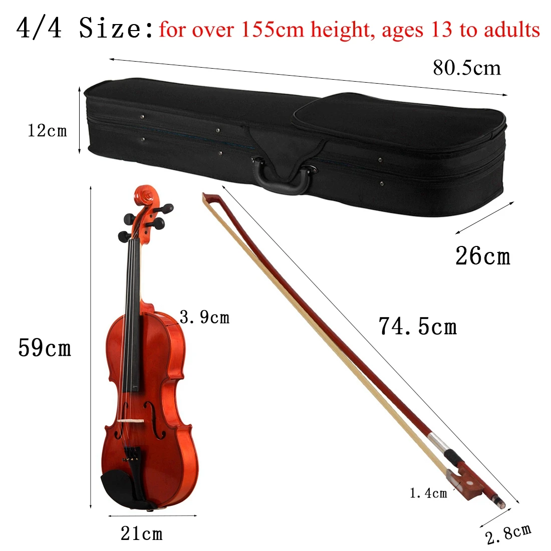 Acoustic Violin 4/4 3/4 1/2 Natural Color Fiddle Basswood for Violin Beginner with Case & Bow & Rosin Stringed Instruments Tools
