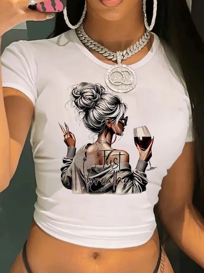 Cropped Chic Artistic Wine Drink Print Crew Neck Short Sleeve Crop Top T Shirt Women's Print Shirt  T-shirt Sexy