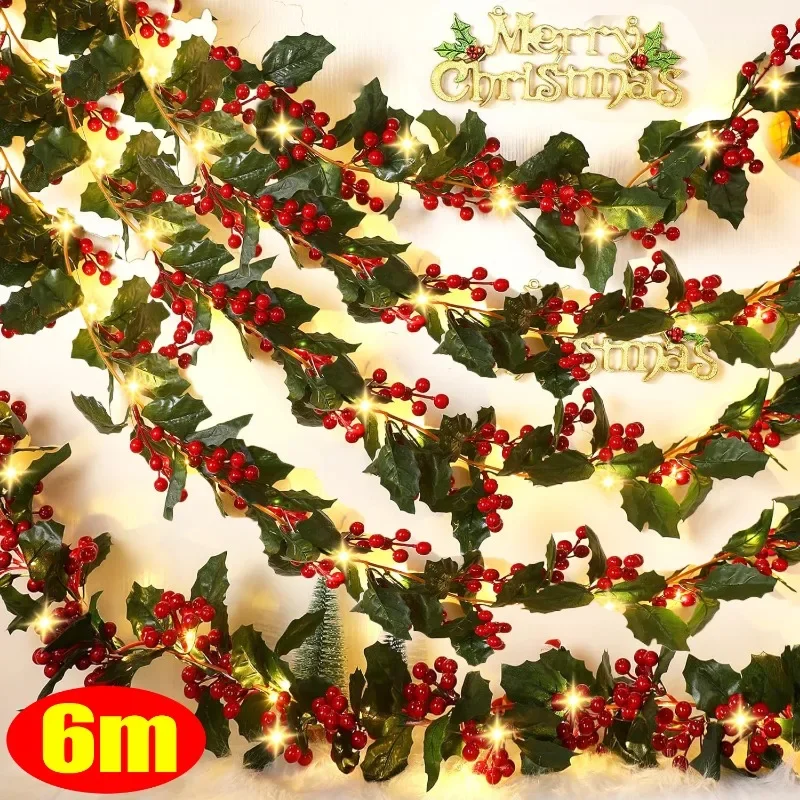 Artificial Holly Leaves Vine Garland with Light Strings Red Berries Wreath Hanging Ornament for DIY Xmas Tree Home Party Decors