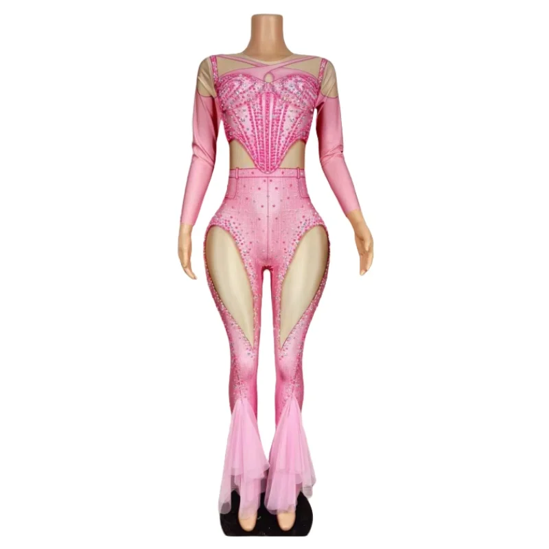Sparkly Gold Rhinestones Jumpsuit With Gloves  New Women Sexy Printed Party Nightclub Bar Singer Stage Performance Costume