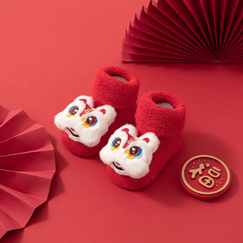 Baby Socks Baby Newborn New Year Long Socks Red Cute Carton Lion Anti-Slip Floor Socks Winter Thick Warm 0-3Y