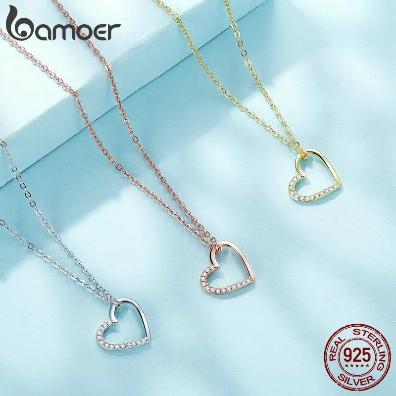 Silver Chain Necklace BAMOER Genuine 925 Sterling Silver The shape of love Chain for Women Godl Plated Heart 3 Color 18.11''