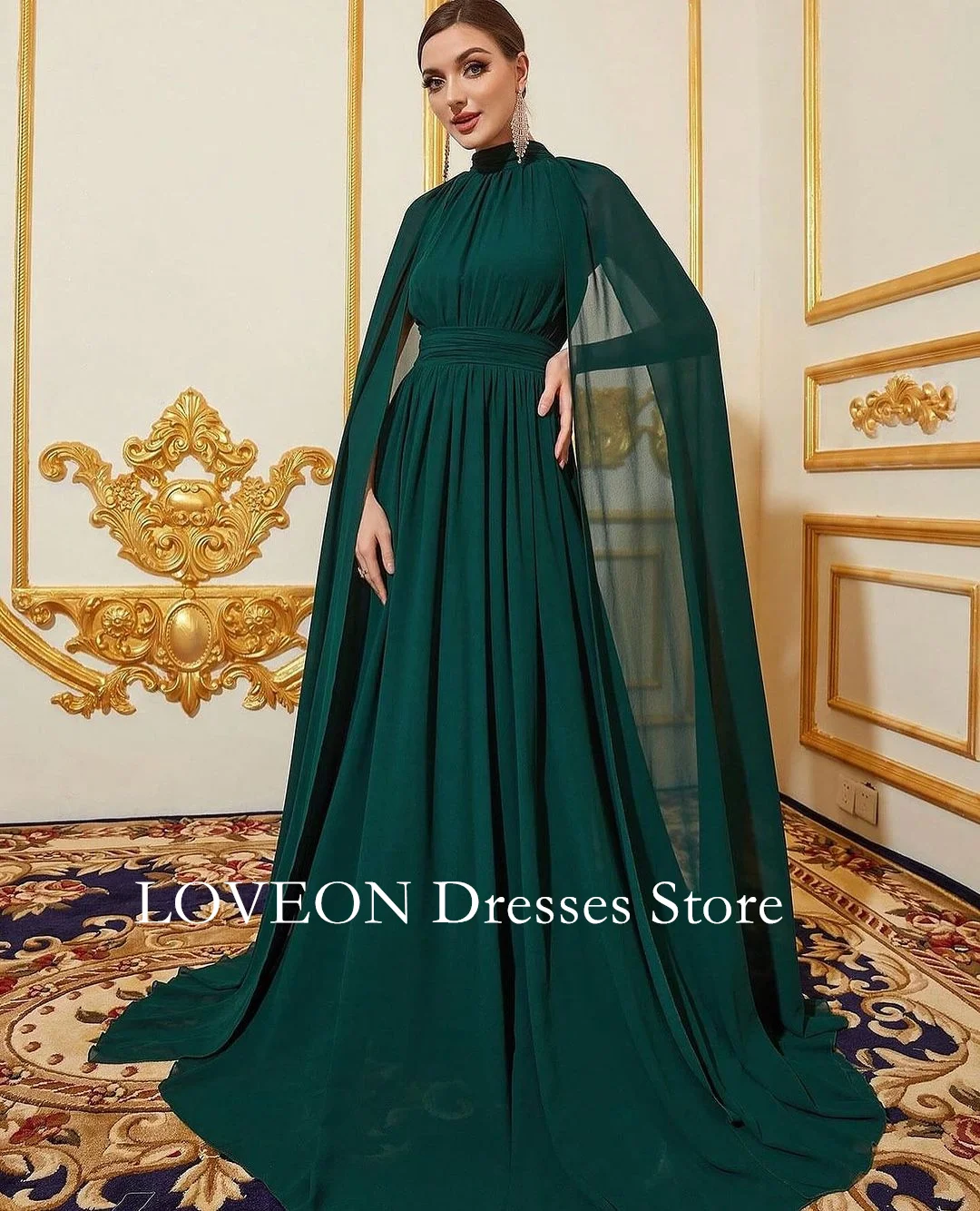 

GIOIO High Neck Chiffon Empire Evening Dresses with Full Cape Formal Floor Length Ruched Backless Elegant Prom Gowns Party Women