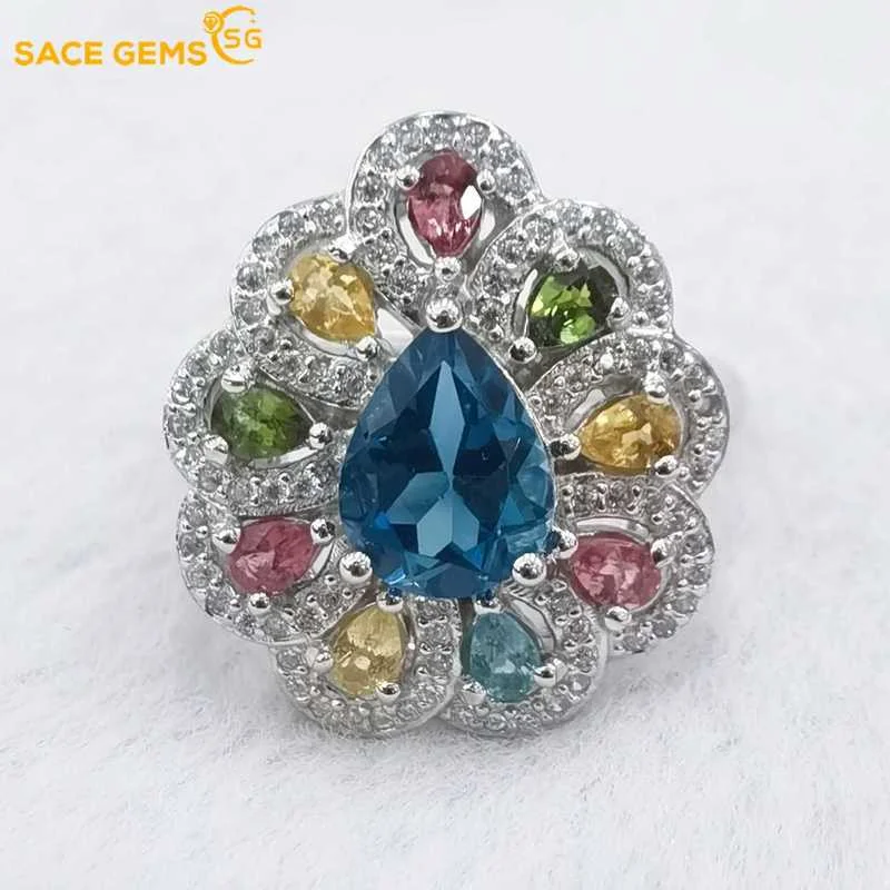 

SACE GEMS Women Jewelry Ring Resizable 925 Sterling Silver London Blue Topaz Luxury Women Created Engagement Band Fine Jewelry