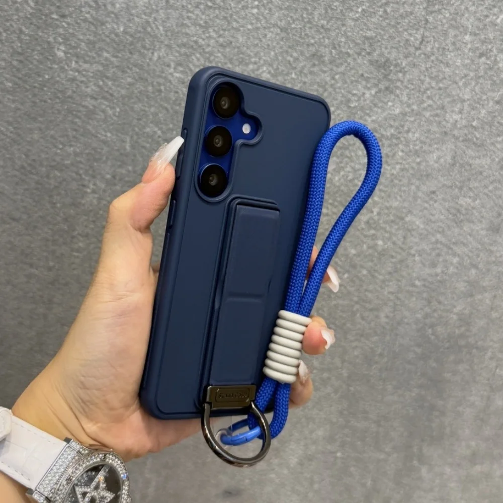 Folding Metal Stand Phone Case with Wrist Strap and Lanyard - Solid Color Matte Silicone Cover