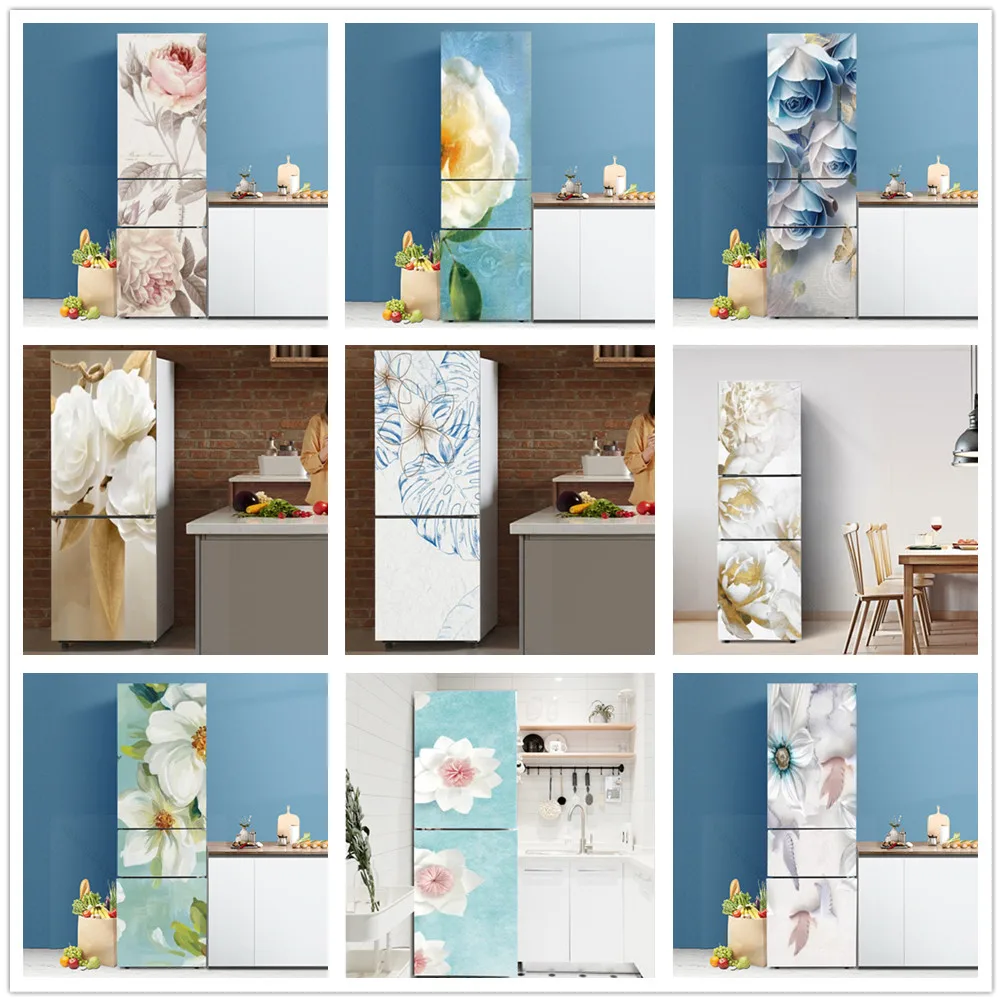 

3D self-adhesive refrigerator plastic wrap freezer stickers refrigerator door stickers retro flowers flower wall stickers custom