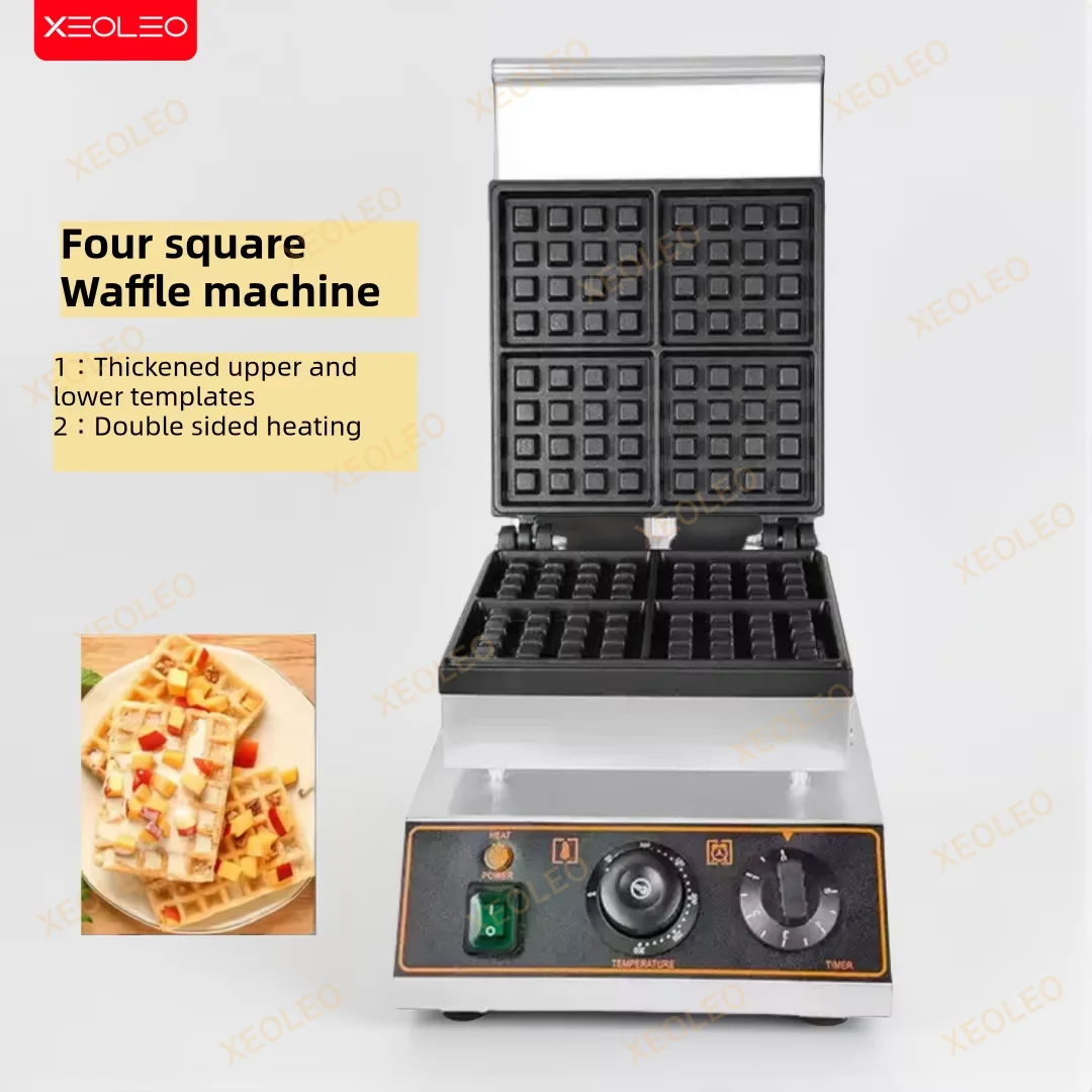 XEOLEO Commercial Waffle Maker 4PCS Square Shape Waffle Machine 1600W Waffle Iron Baker Non-Stick Coating Egg Bread Machine 1