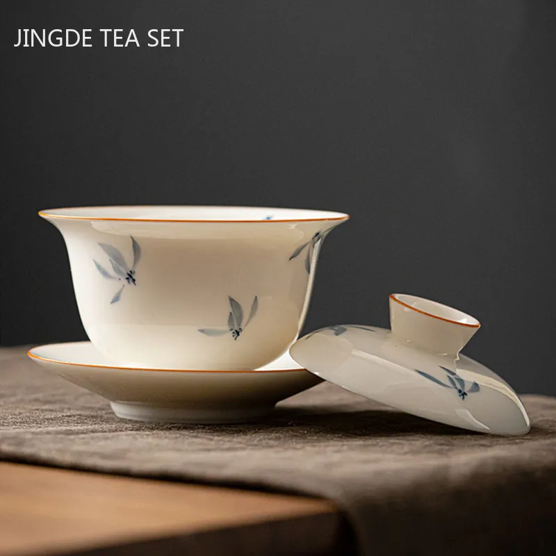 Hand-painted Orchid Ceramic Gaiwan Blue and White Porcelain Tea Cup Portable Personal Tea Bowl Tea Maker Chinese Tea Set Gifts