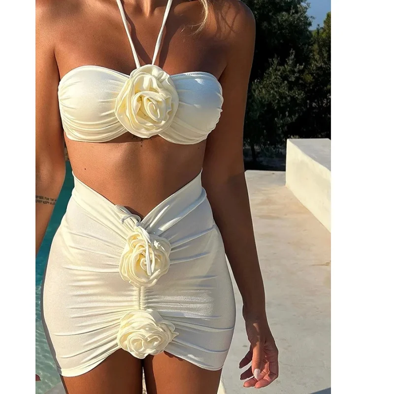 2024New Year Hot Sale Milk White Flower High Quality Beach Holiday Style Bikini Three-Piece SetbikiniFemale