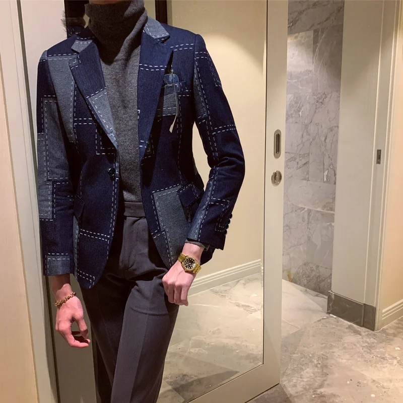 Quality High Patchwork Geometric Print Blazer Vintage Blazer Hombre Casual Suit Men Jacket 2022 Spring Plaid Men Stylish Blazer casual blazer for men