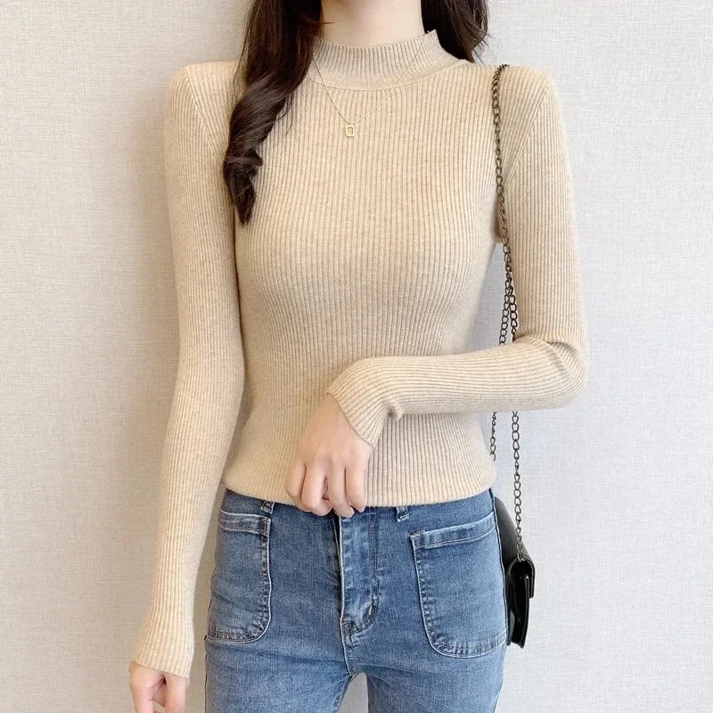 Fall Autumn and Winter New Lady's Semi-turtleneck Solid Color Long-sleeved Sweater Elegant Knitwear Slim-fitting Bottoming Shirt