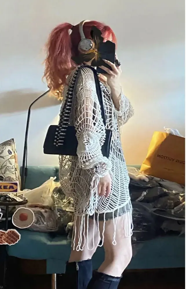 JOEVILU Hollow Knit Hooded Tops Women's Goth Spider Web Sweaters Female Korean Fashion Fishing Net Blouses Babes Mesh Pullovers