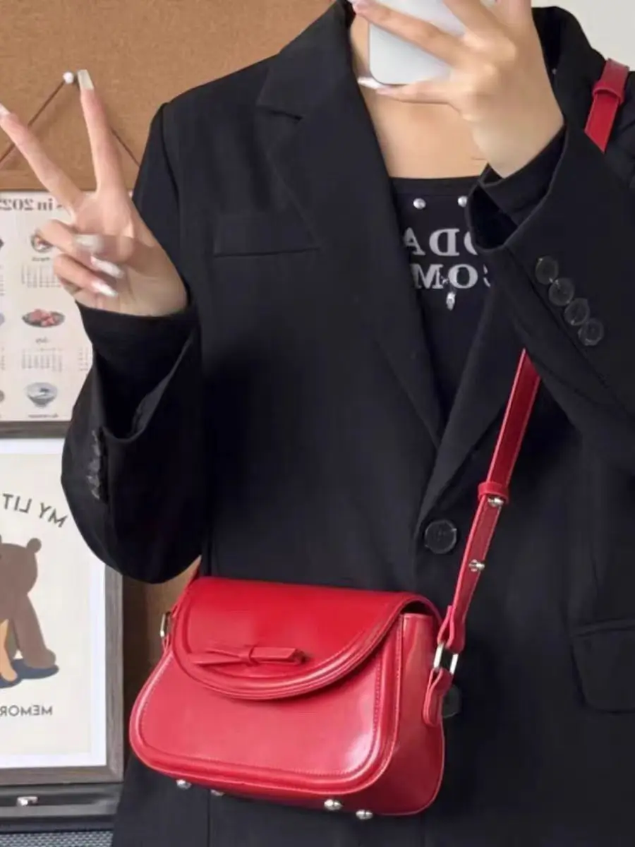 JIAERDI Vintage Bow Red Handbag Women Versatile Leather Chic Underarm Shoulder Bags Y2k Ladies Square Messenger Bag 2025 New