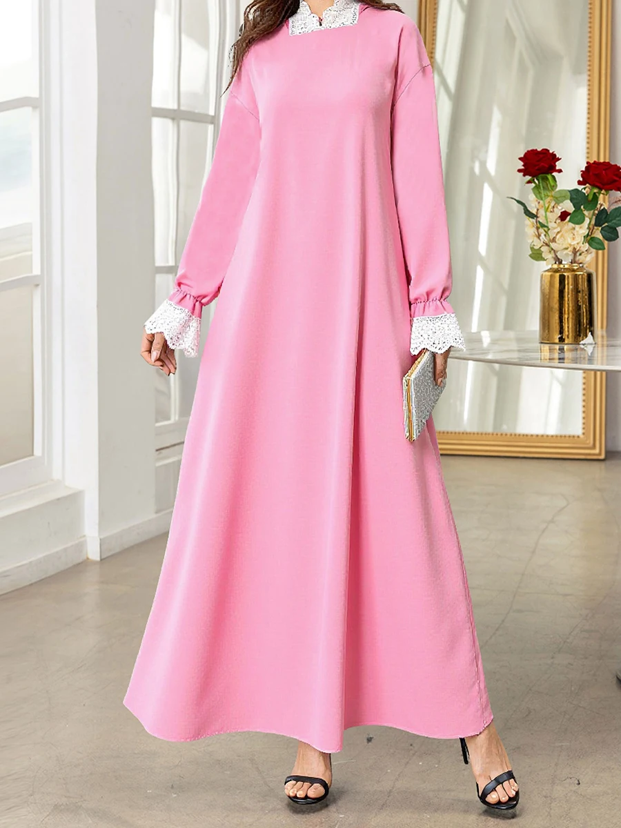 Elegant Mu Women s Abaya Dress with Hijab and Lace Patchwork Long Sleeve Islamic Prayer Robe Arabic Casual Dress for Women